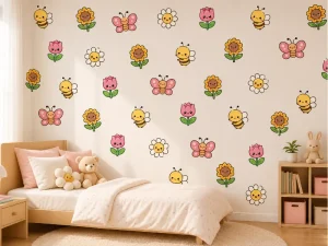 Kawaii Bee & Flower Pattern Wallpaper