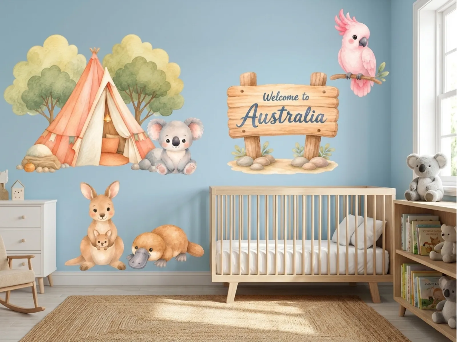 Watercolor Australian safari animal wall decals featuring a koala, kangaroo, platypus, pink cockatoo, and camping teepee in a baby nursery.